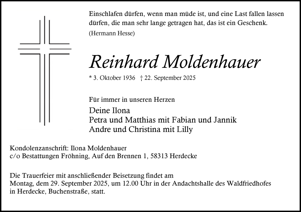  Traueranzeige für Reinhard Moldenhauer vom 27.09.2025 aus Tageszeitung
