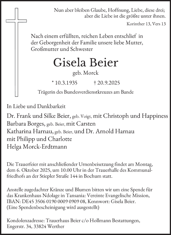 Traueranzeige von Gisela Beier von Tageszeitung