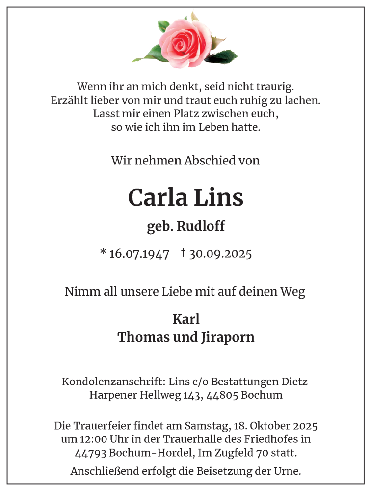  Traueranzeige für Carla Lins vom 11.10.2025 aus Tageszeitung