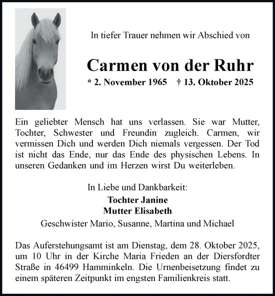 Traueranzeige von Carmen von der Ruhr von Tageszeitung