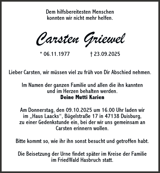 Traueranzeige von Carsten Griewel von Tageszeitung