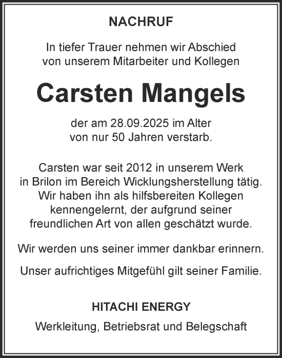 Traueranzeige von Carsten Mangels von Tageszeitung