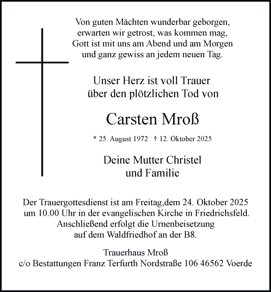  Traueranzeige für Carsten Mroß vom 21.10.2025 aus Tageszeitung