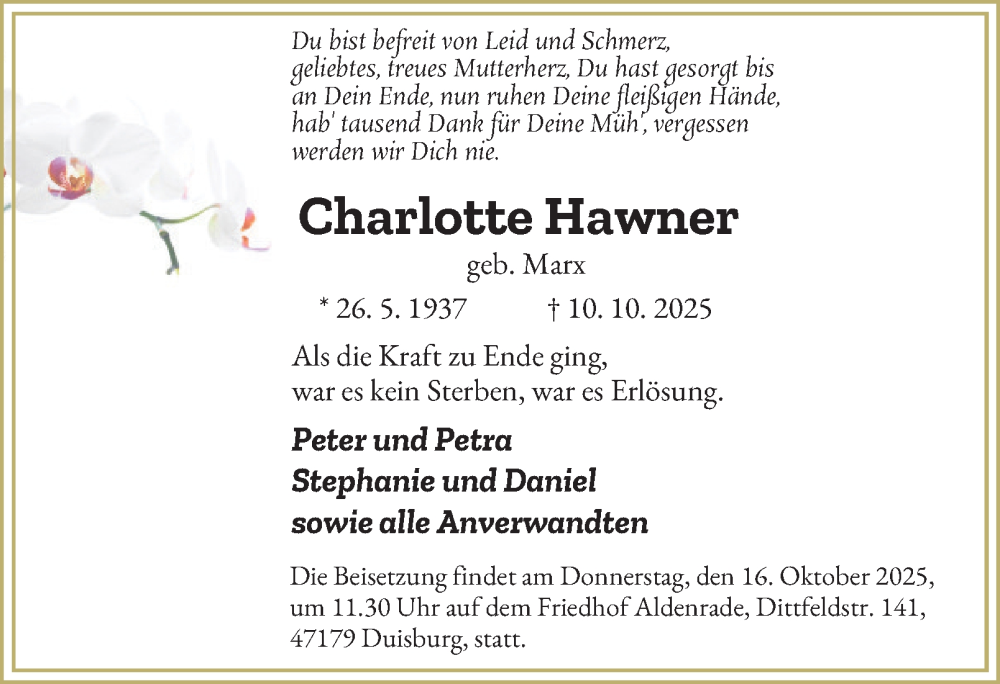  Traueranzeige für Charlotte Hawner vom 15.10.2025 aus Tageszeitung