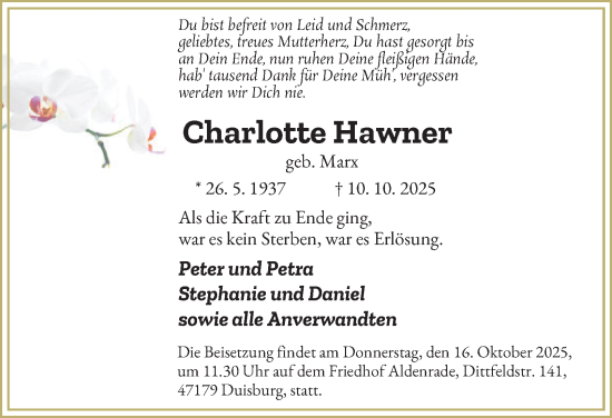 Traueranzeige von Charlotte Hawner von Tageszeitung