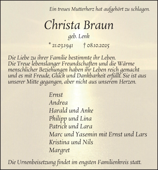Traueranzeige von Christa Braun von Tageszeitung