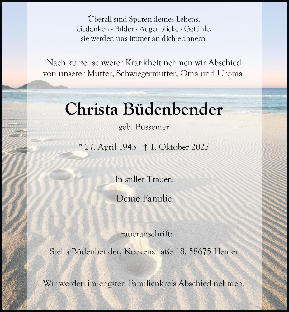  Traueranzeige für Christa Büdenbender vom 08.10.2025 aus Tageszeitung