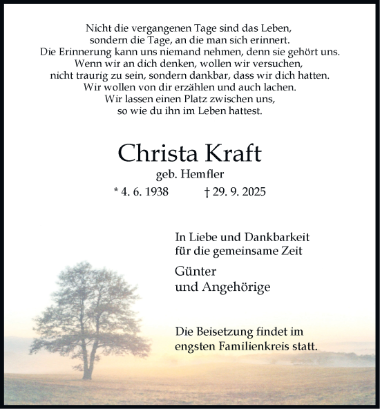 Traueranzeige von Christa Kraft von Tageszeitung