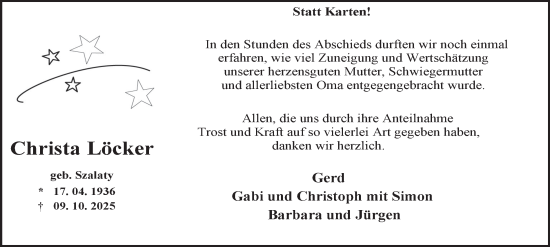 Traueranzeige von Christa Löcker von Tageszeitung