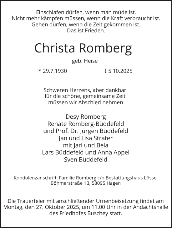 Traueranzeige von Christa Romberg von Tageszeitung