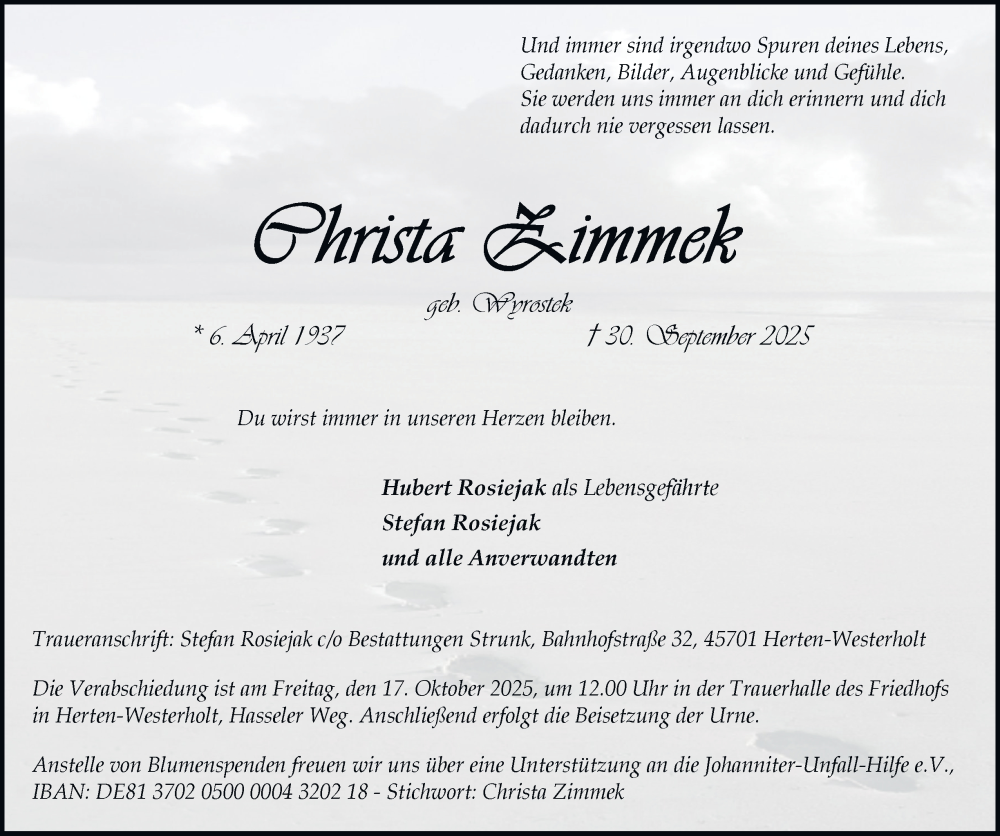  Traueranzeige für Christa Zimmek vom 11.10.2025 aus Tageszeitung