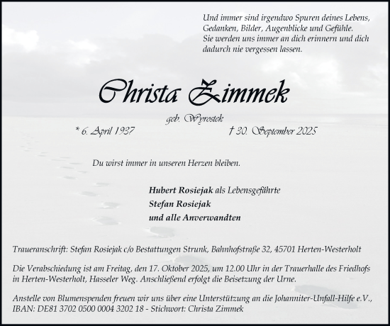Traueranzeige von Christa Zimmek von Tageszeitung