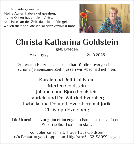 Traueranzeige von Christa Katharina Goldstein von Tageszeitung