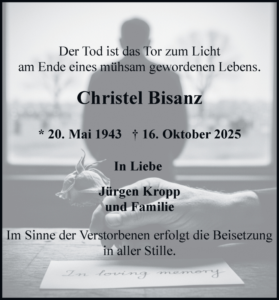  Traueranzeige für Christel Bisanz vom 25.10.2025 aus Tageszeitung