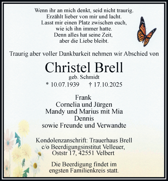 Traueranzeige von Christel Brell von Tageszeitung