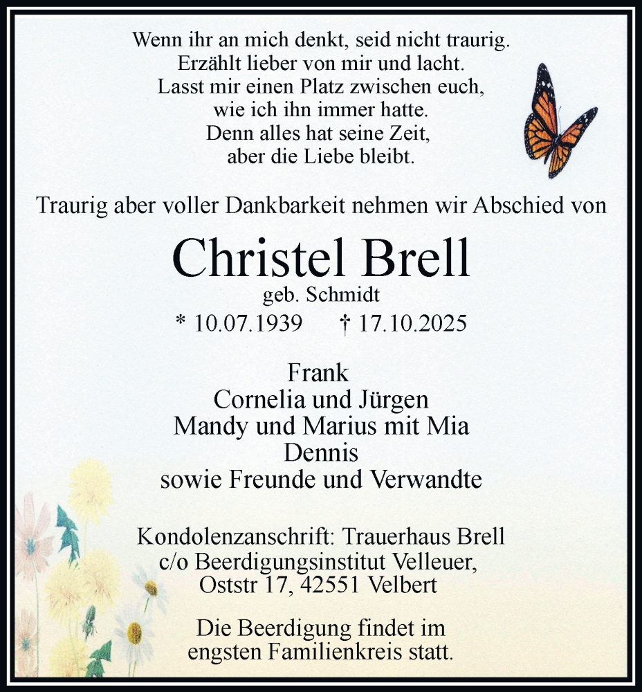  Traueranzeige für Christel Brell vom 25.10.2025 aus Tageszeitung