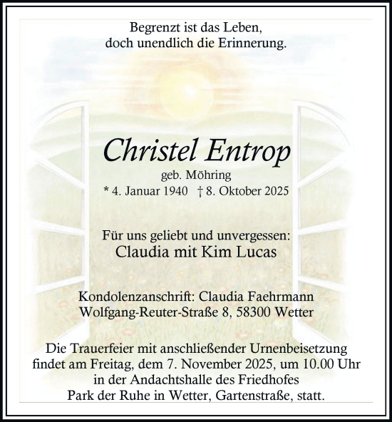 Traueranzeige von Christel Entrop von Tageszeitung