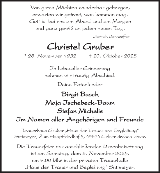 Traueranzeige von Christel Gruber von Tageszeitung