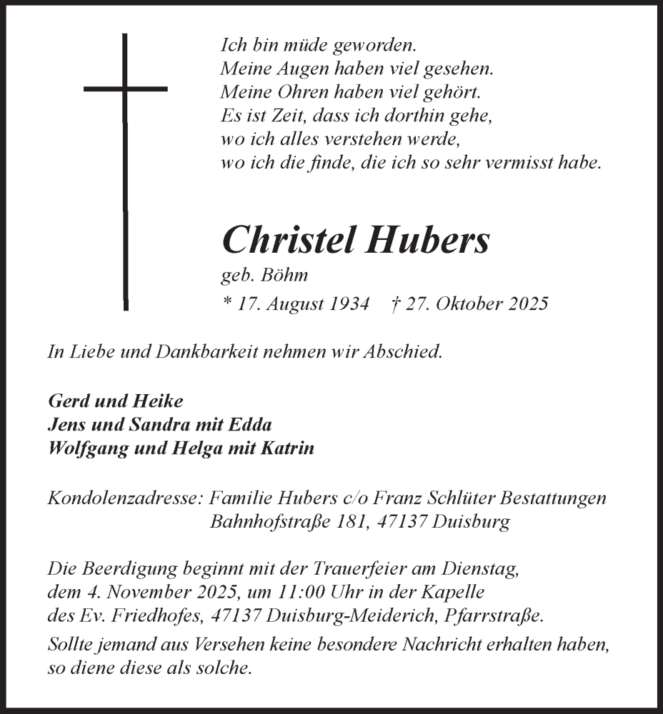  Traueranzeige für Christel Hubers vom 01.11.2025 aus Tageszeitung