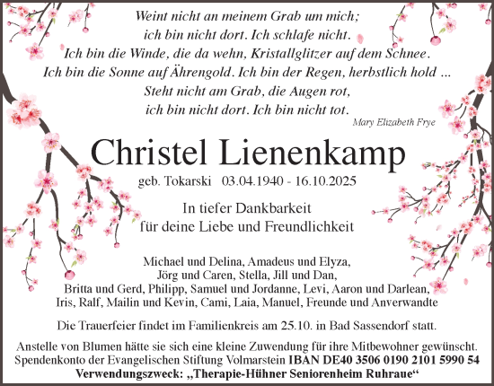 Traueranzeige von Christel Lienenkamp von Tageszeitung