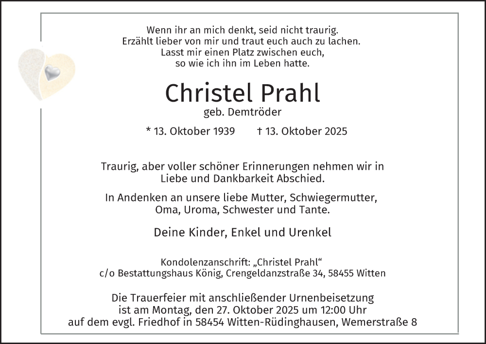  Traueranzeige für Christel Prahl vom 25.10.2025 aus Tageszeitung