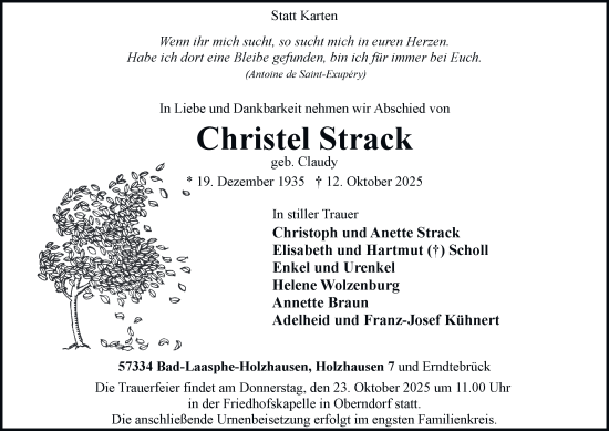 Traueranzeige von Christel Strack von Tageszeitung