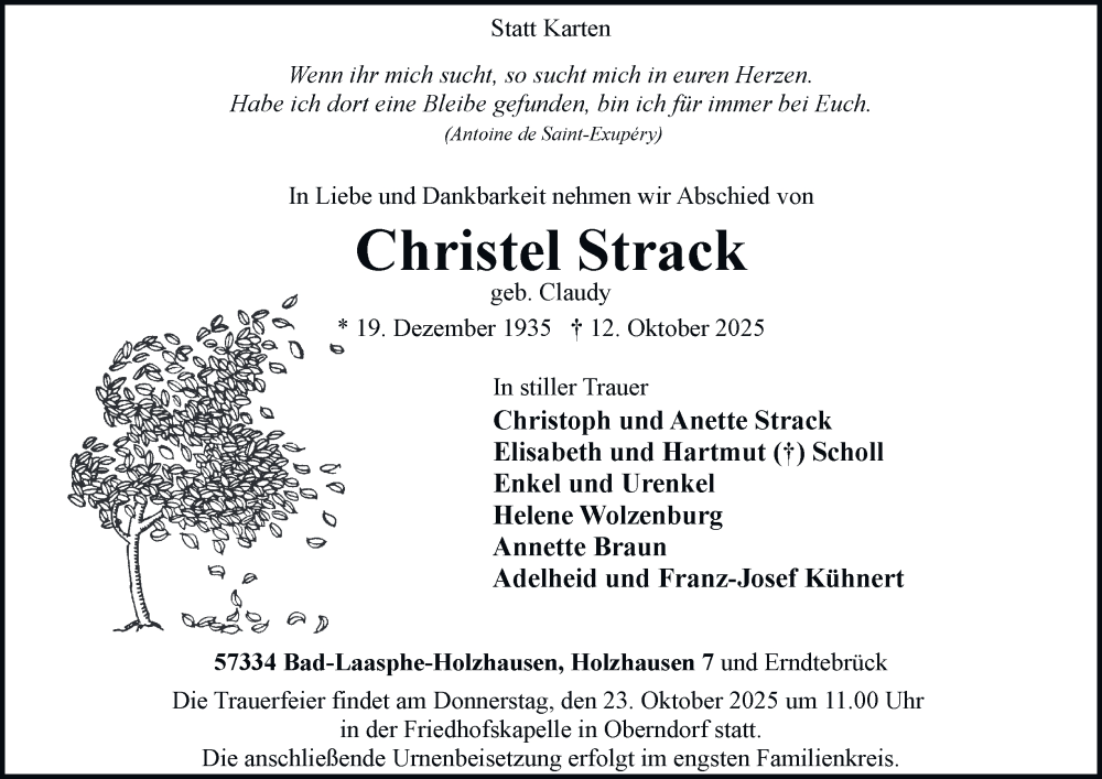  Traueranzeige für Christel Strack vom 18.10.2025 aus Tageszeitung