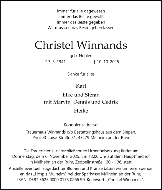 Traueranzeige von Christel Winnands von Tageszeitung