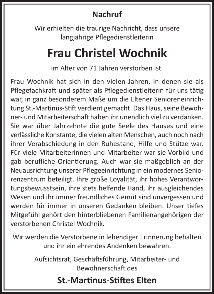  Traueranzeige für Christel Wochnik vom 18.10.2025 aus Tageszeitung