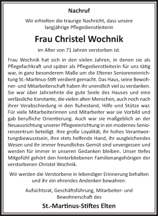 Traueranzeige von Christel Wochnik von Tageszeitung