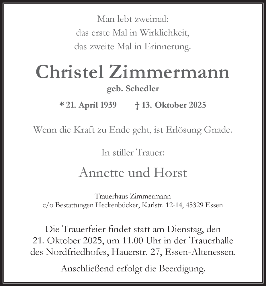  Traueranzeige für Christel Zimmermann vom 18.10.2025 aus Tageszeitung