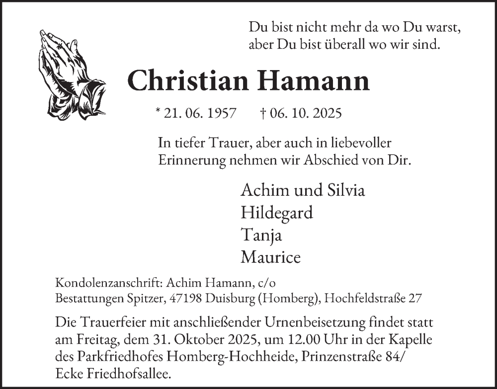  Traueranzeige für Christian Hamann vom 25.10.2025 aus Tageszeitung