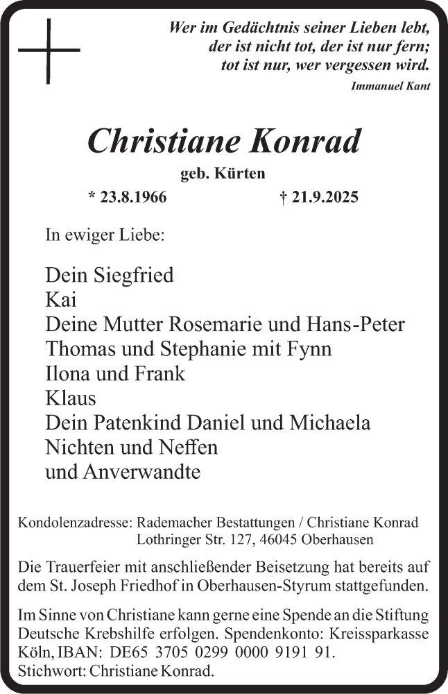  Traueranzeige für Christiane Konrad vom 04.10.2025 aus Tageszeitung