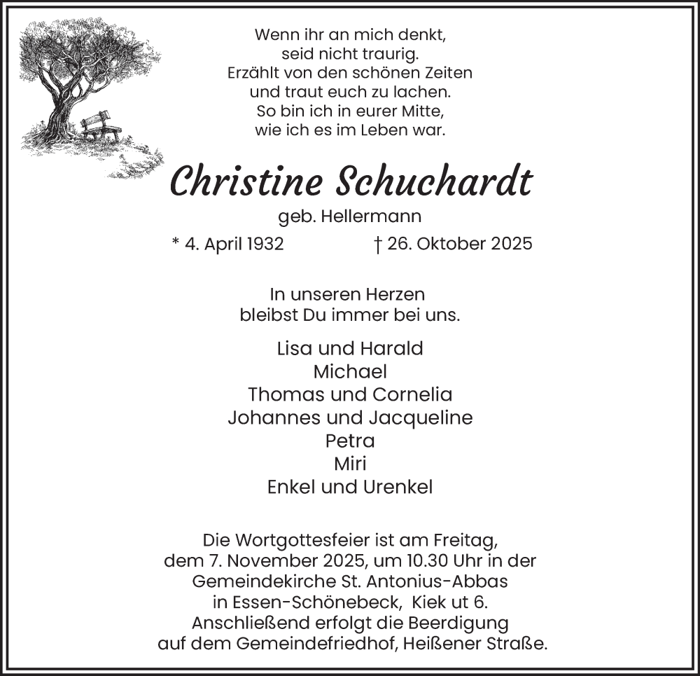  Traueranzeige für Christine Schuchardt vom 01.11.2025 aus Tageszeitung