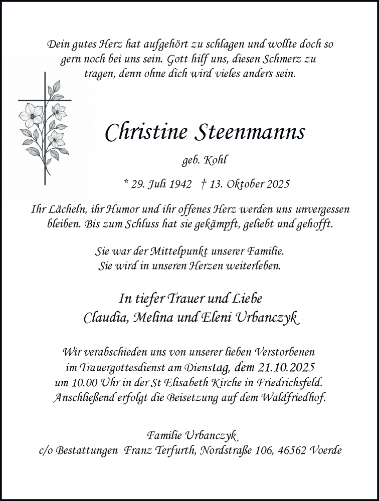 Traueranzeige für Christine Steenmanns vom 18.10.2025 aus Tageszeitung