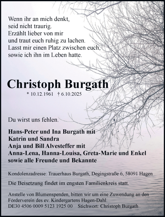 Traueranzeige von Christoph Burgath von Tageszeitung
