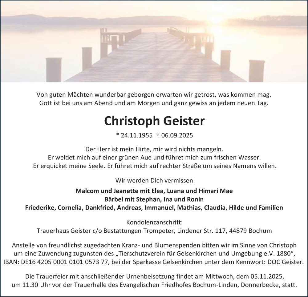  Traueranzeige für Christoph Geister vom 04.10.2025 aus Tageszeitung
