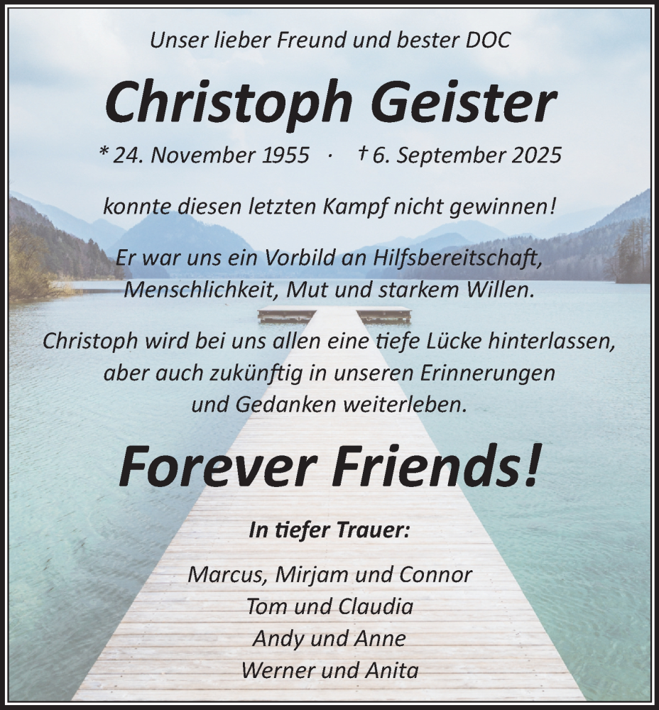  Traueranzeige für Christoph Geister vom 11.10.2025 aus Tageszeitung