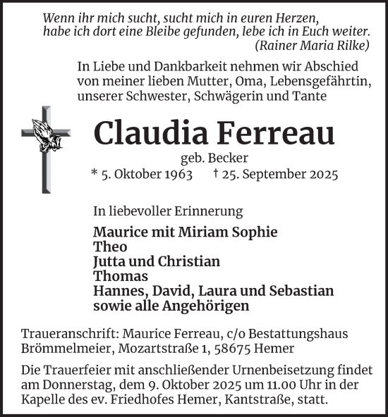 Traueranzeige von Claudia Ferreau von Tageszeitung