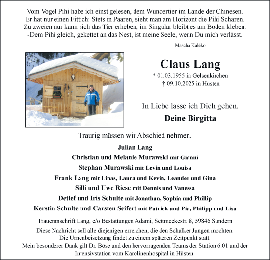Traueranzeige von Claus Lang von Tageszeitung