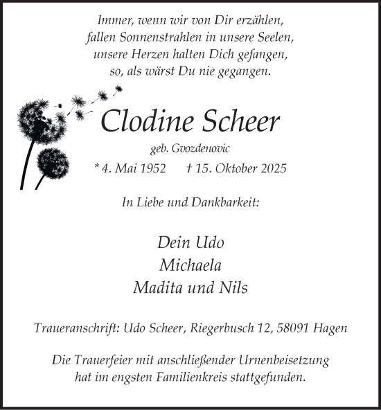 Traueranzeige von Clodine Scheer von Tageszeitung