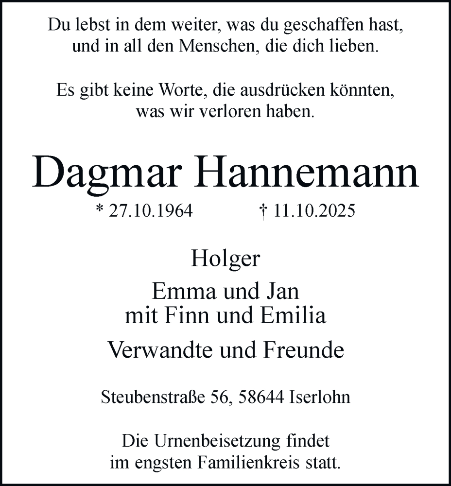  Traueranzeige für Dagmar Hannemann vom 18.10.2025 aus Tageszeitung