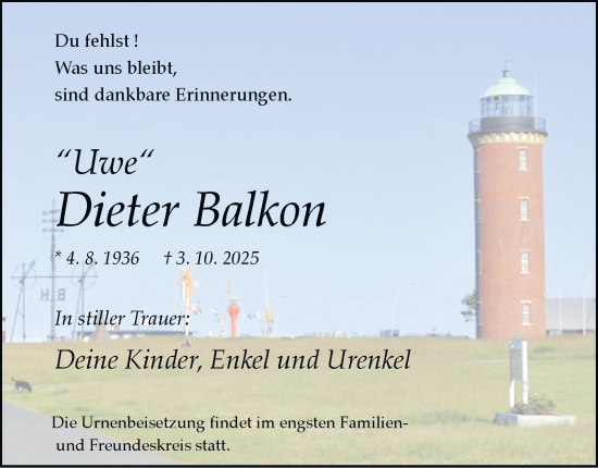 Traueranzeige von Dieter Balkon von Tageszeitung