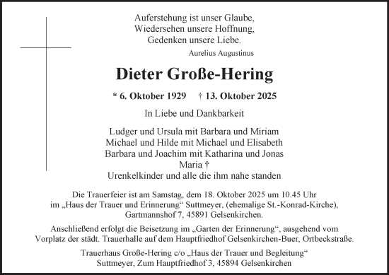 Traueranzeige von Dieter Große-Hering von Tageszeitung
