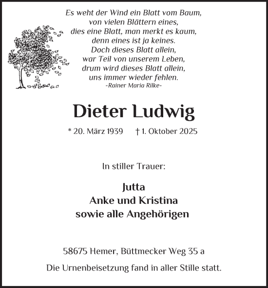 Traueranzeige von Dieter Ludwig von Tageszeitung