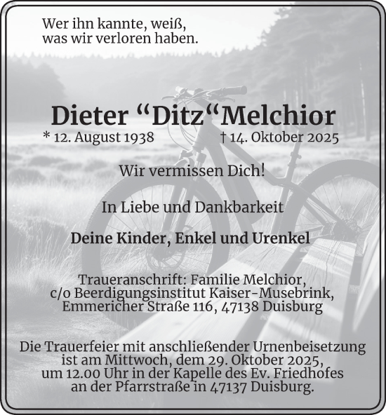 Traueranzeige von Dieter Melchior von Tageszeitung