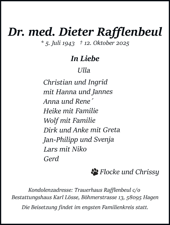 Traueranzeige von Dieter Rafflenbeul von Tageszeitung