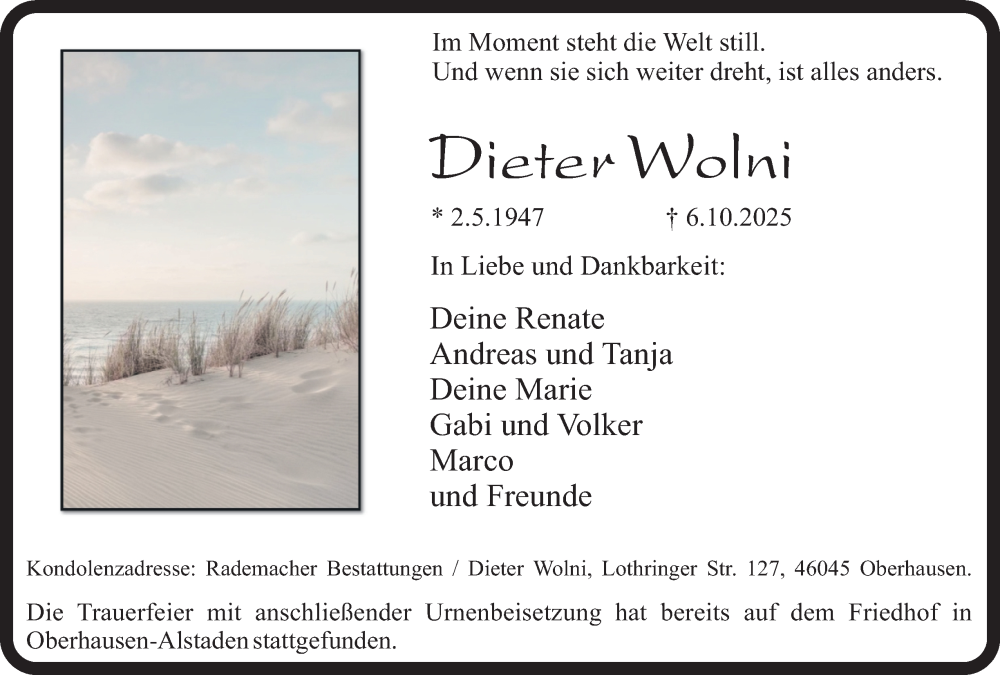  Traueranzeige für Dieter Wolni vom 25.10.2025 aus Tageszeitung