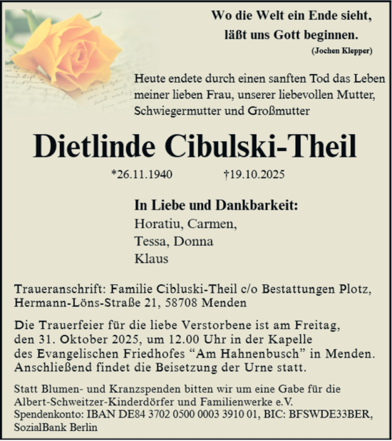 Traueranzeige von Dietlinde Cibulski-Theil von Tageszeitung
