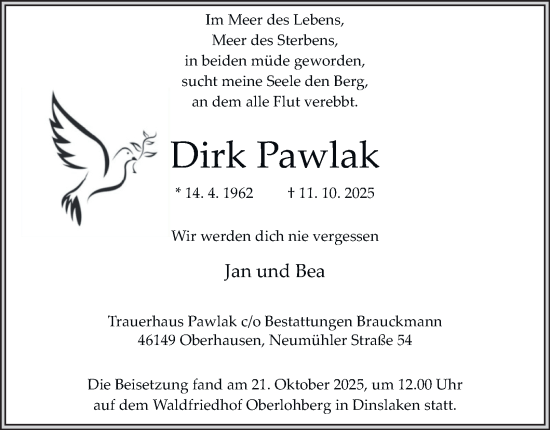 Traueranzeige von Dirk Pawlak von Tageszeitung